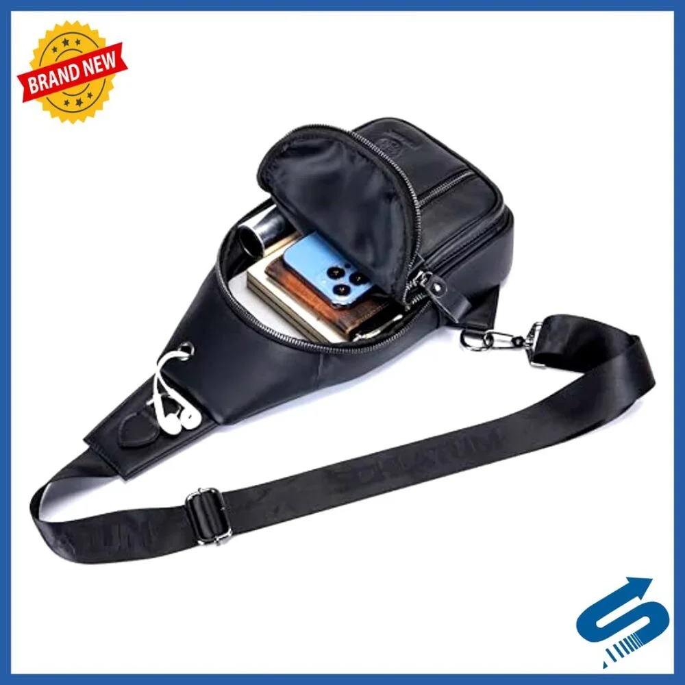 Genuine Leather Crossbody Sling Bag with Headphone Hole, 5 Pockets